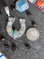 Kimari Somers Hand Stamped Sterling Silver Star Horseshoe Pendant with Brass Accents & Royston Turquoise