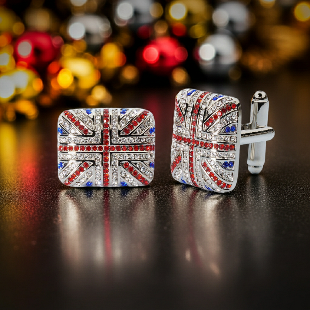 Union Jack Crystal Cufflinks – British Flag Enamel & Crystal Accents
