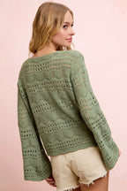 BiBi Pointelle Knit V Neck Ruched Front Lightweight Top
