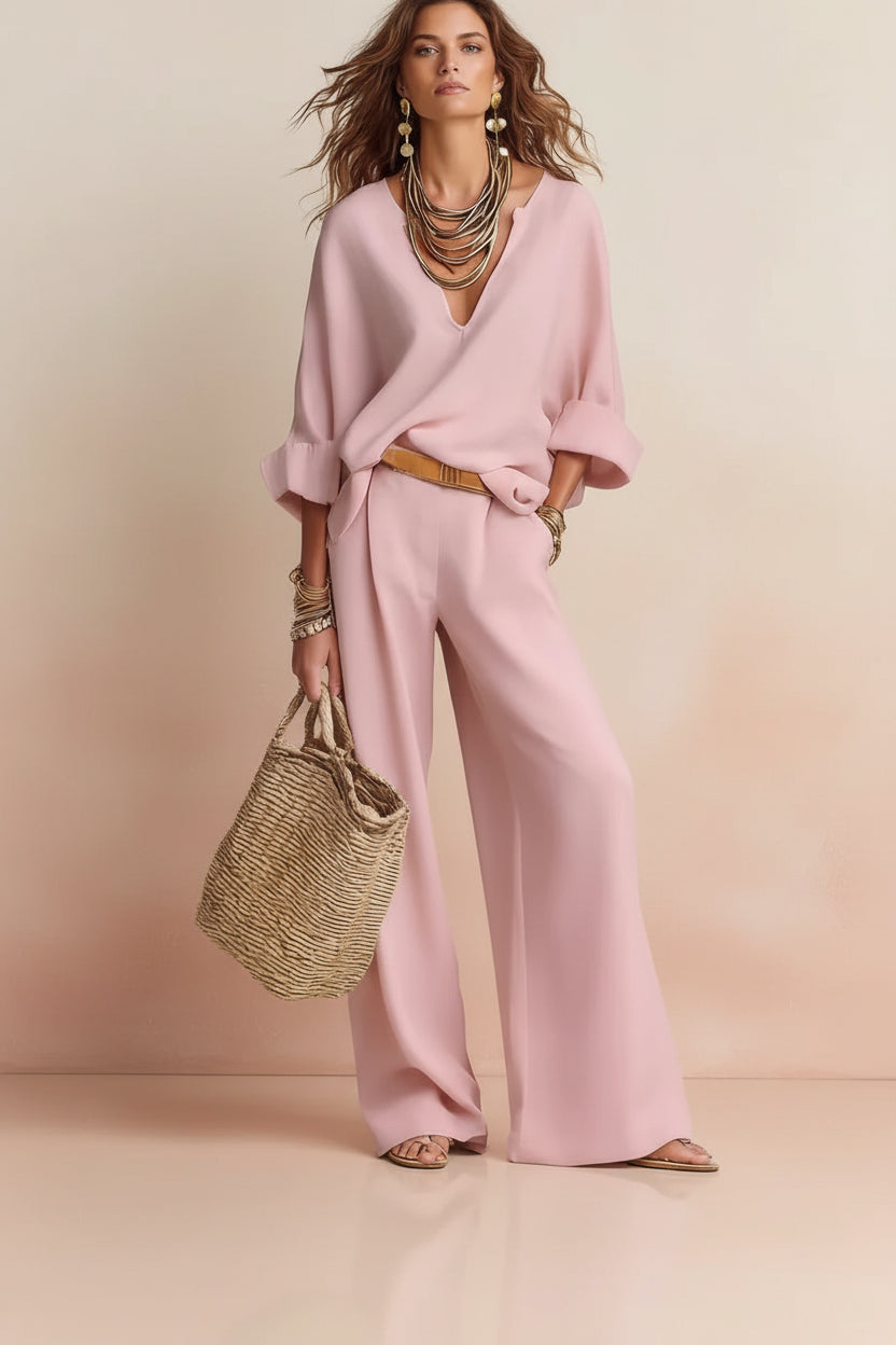 Women's Linen-Style Two-Piece Set – V-Neck Top & Wide-Leg Pants