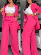 Women's Longline Open-Front Blazer & High-Waist Wide-Leg Trousers Suit Set – 8 Colors