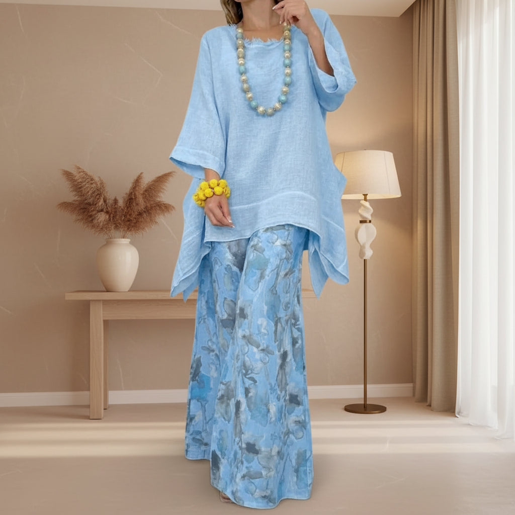 Women's Solid Linen-Style Tunic Top & Watercolor Floral Wide-Leg Pants Set