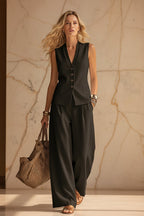 Women's Solid Linen Sleeveless Vest & Wide-Leg Pants Set