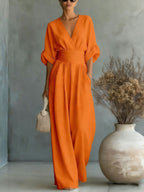 Women's V-Neck Wide-Leg Jumpsuit – High Waist Pleated Elegant