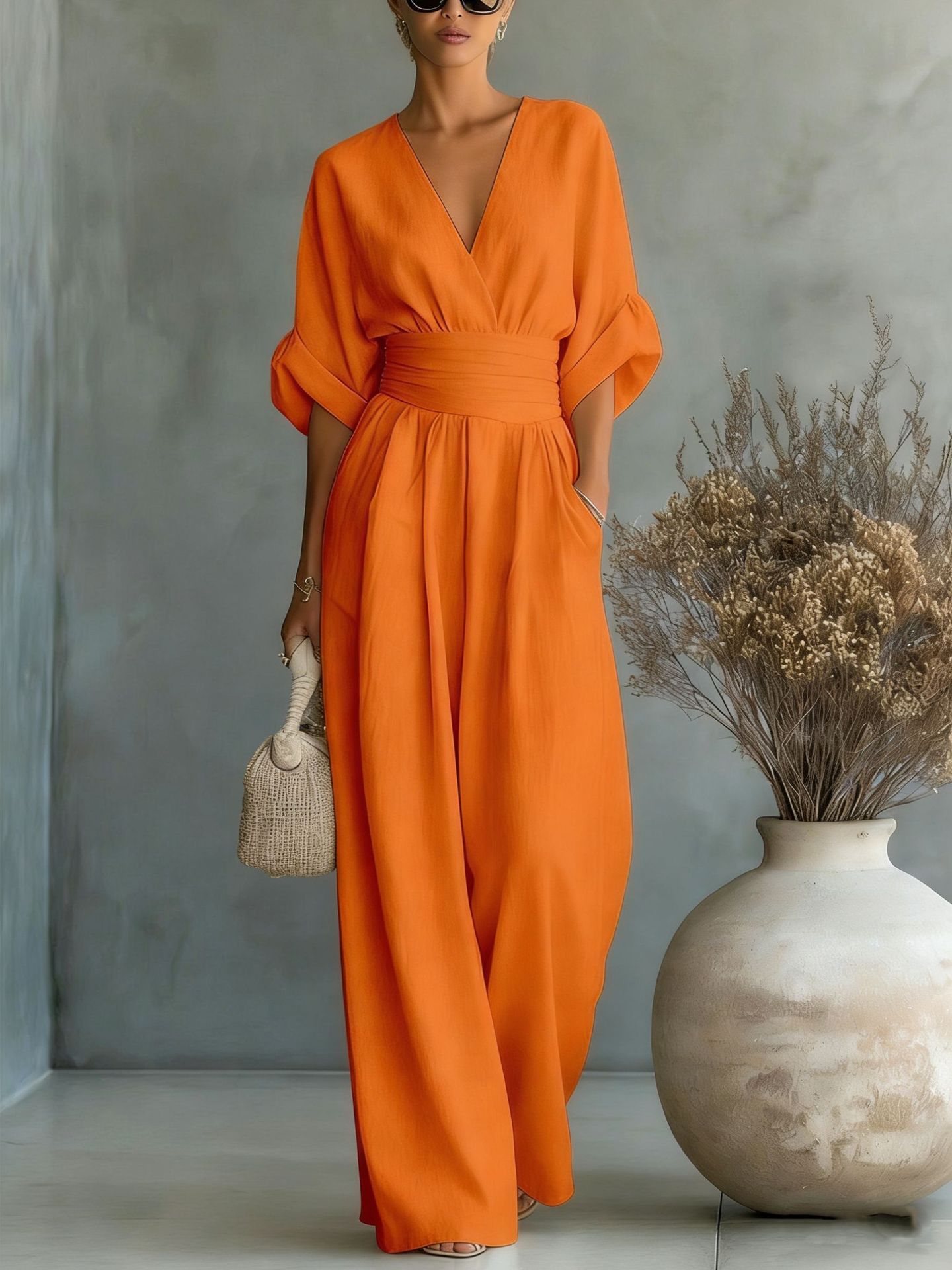 Women's V-Neck Wide-Leg Jumpsuit – High Waist Pleated Elegant