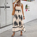Women's Wide-Strap Printed Maxi Dress – Smocked Bodice & Tassel Waist
