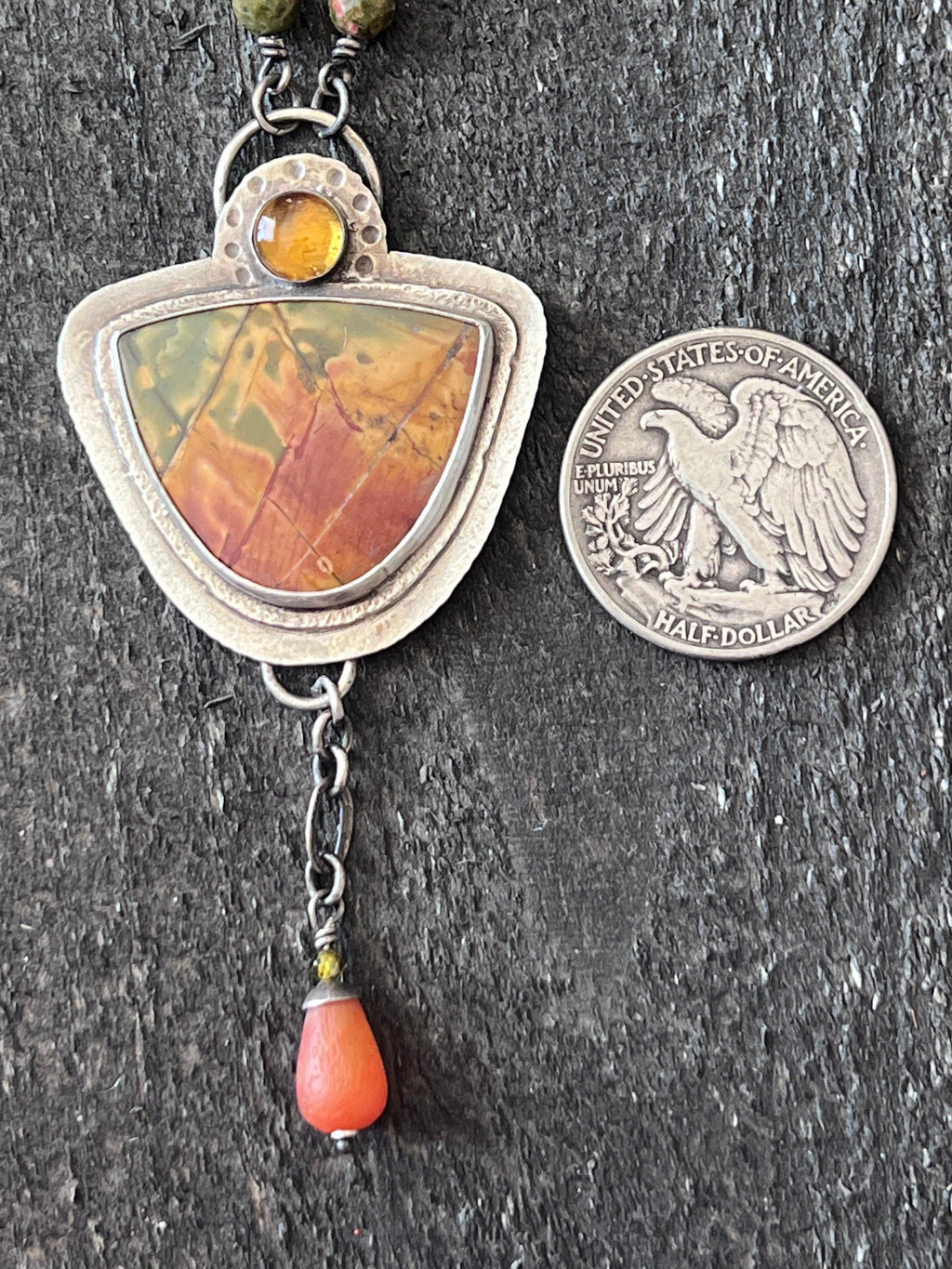 Tularosa Rosary Style Sterling Silver, Red Creek Jasper and Citrine Sunset Necklace