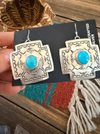 Handcrafted Sterling Silver & Turquoise Concho Cross Dangle Earrings
