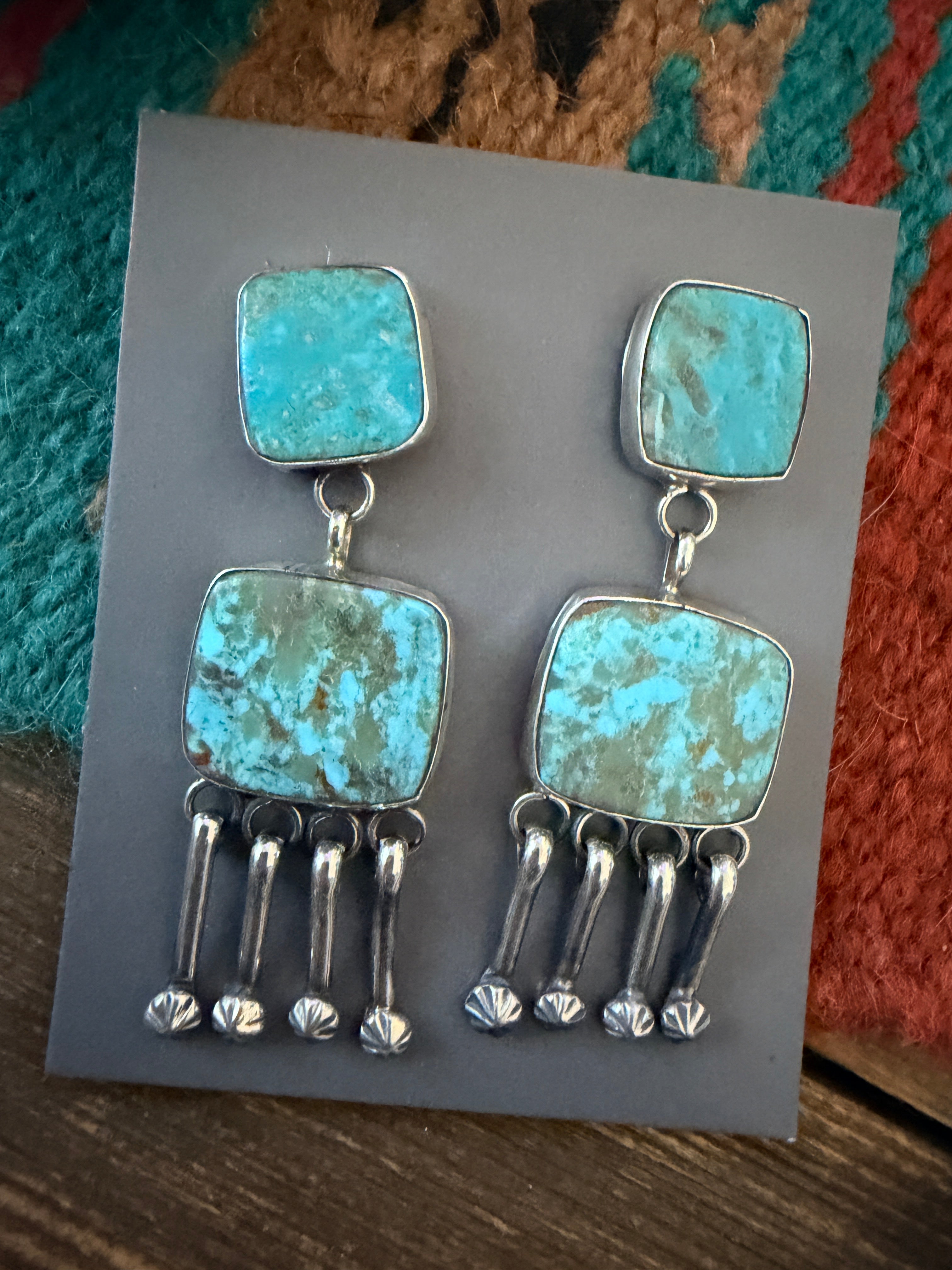 Handcrafted Royston Turquoise And Sterling Silver Dangle Earrings by Jacqueline Silver