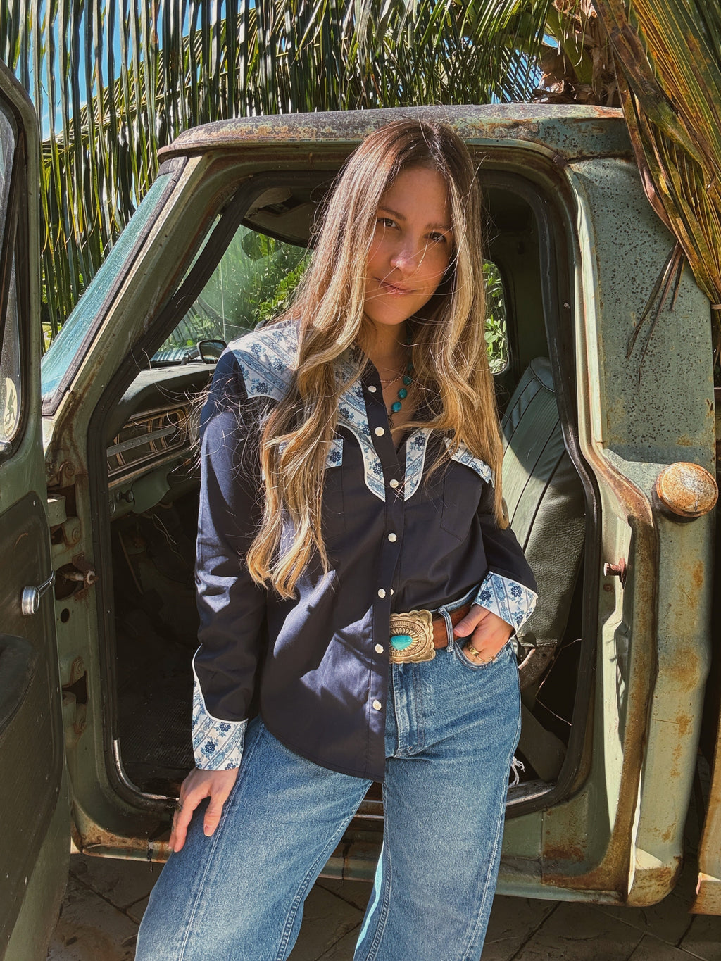 John Wayne Western Pearl Snap Button Up Top In Denim Blue