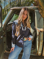 John Wayne Western Pearl Snap Button Up Top In Denim Blue