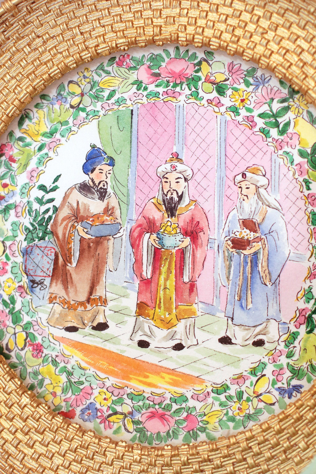 Chinoiserie Christmas original watercolor painting, The Three Magi