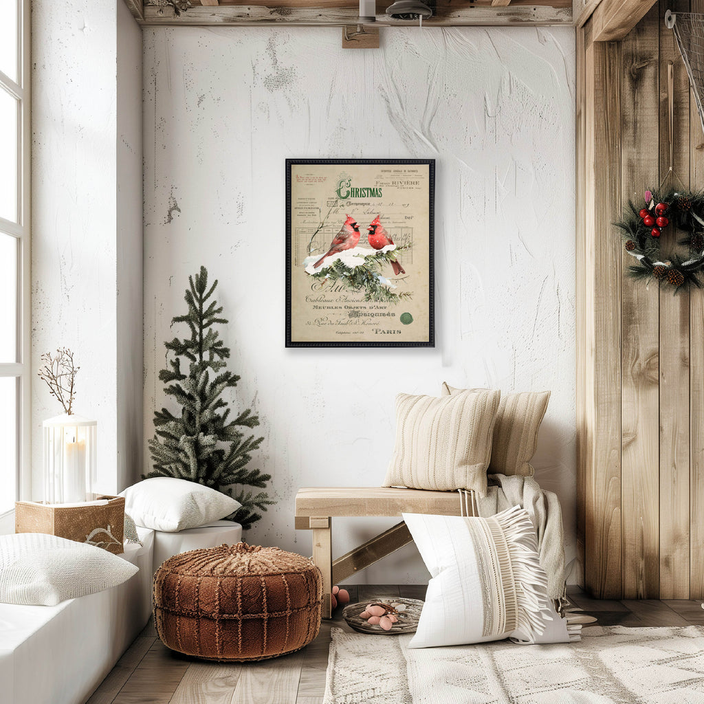 Vintage Painting of Cardinals on a distressed bookplate background