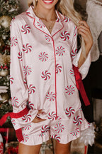 Christmas Candy Bow Cuffed Sleeve Pajama Set