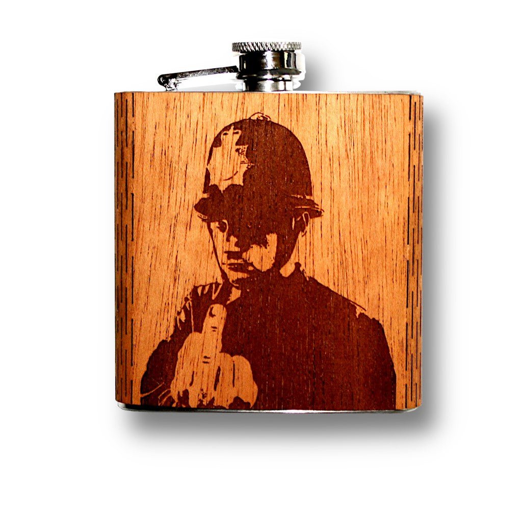 6 oz. Wooden Hip Flask (Banksy UK Policeman in Mahogany) - Che Cose Belle