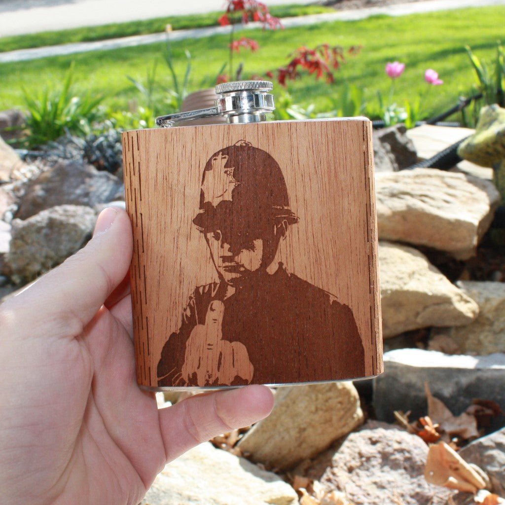 6 oz. Wooden Hip Flask (Banksy UK Policeman in Mahogany) - Che Cose Belle