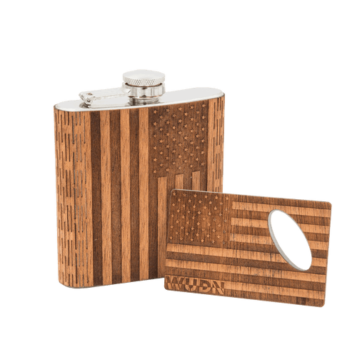 6 oz. Wooden Hip Flask & Matching Credit Card Bottle Opener (2-Piece Flask Set) - Che Cose Belle