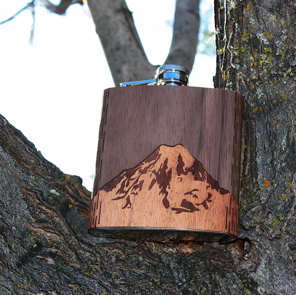 6 oz. Wooden Hip Flask (Mt. Rainier in Mahogany & Black Walnut) - Che Cose Belle