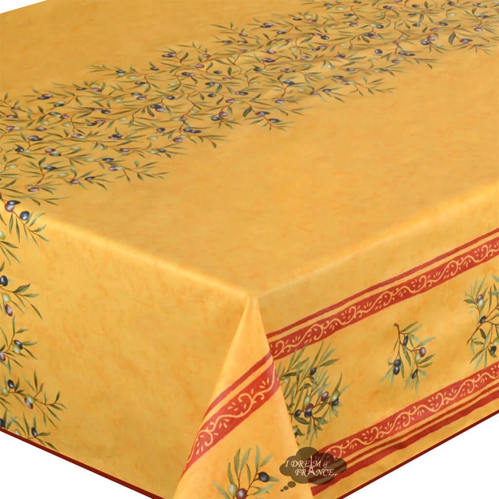 60" Square Clos des Oliviers Yellow Double Border Acrylic-Coated Cotton Tablecloth by Label France - Che Cose Belle