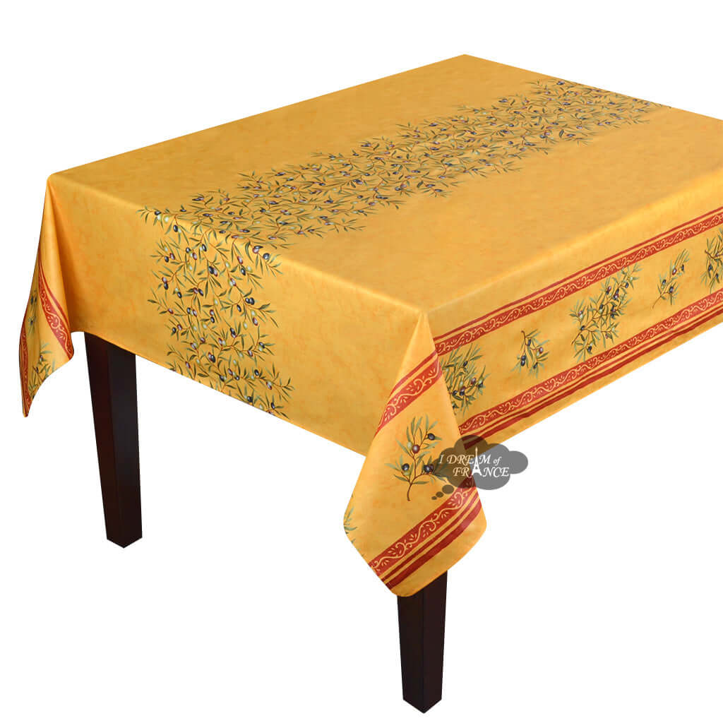 60" Square Clos des Oliviers Yellow Double Border Acrylic-Coated Cotton Tablecloth by Label France - Che Cose Belle