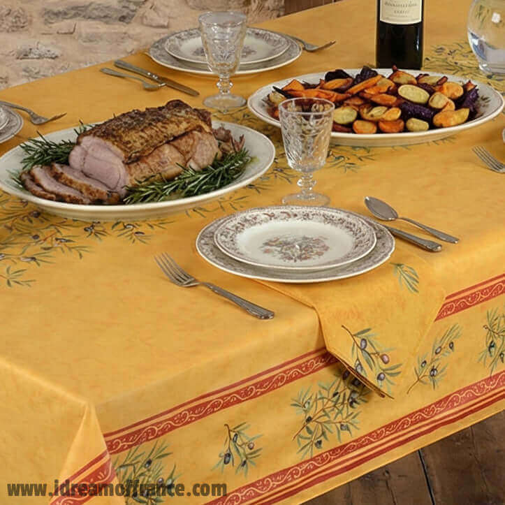 60" Square Clos des Oliviers Yellow Double Border Acrylic-Coated Cotton Tablecloth by Label France - Che Cose Belle