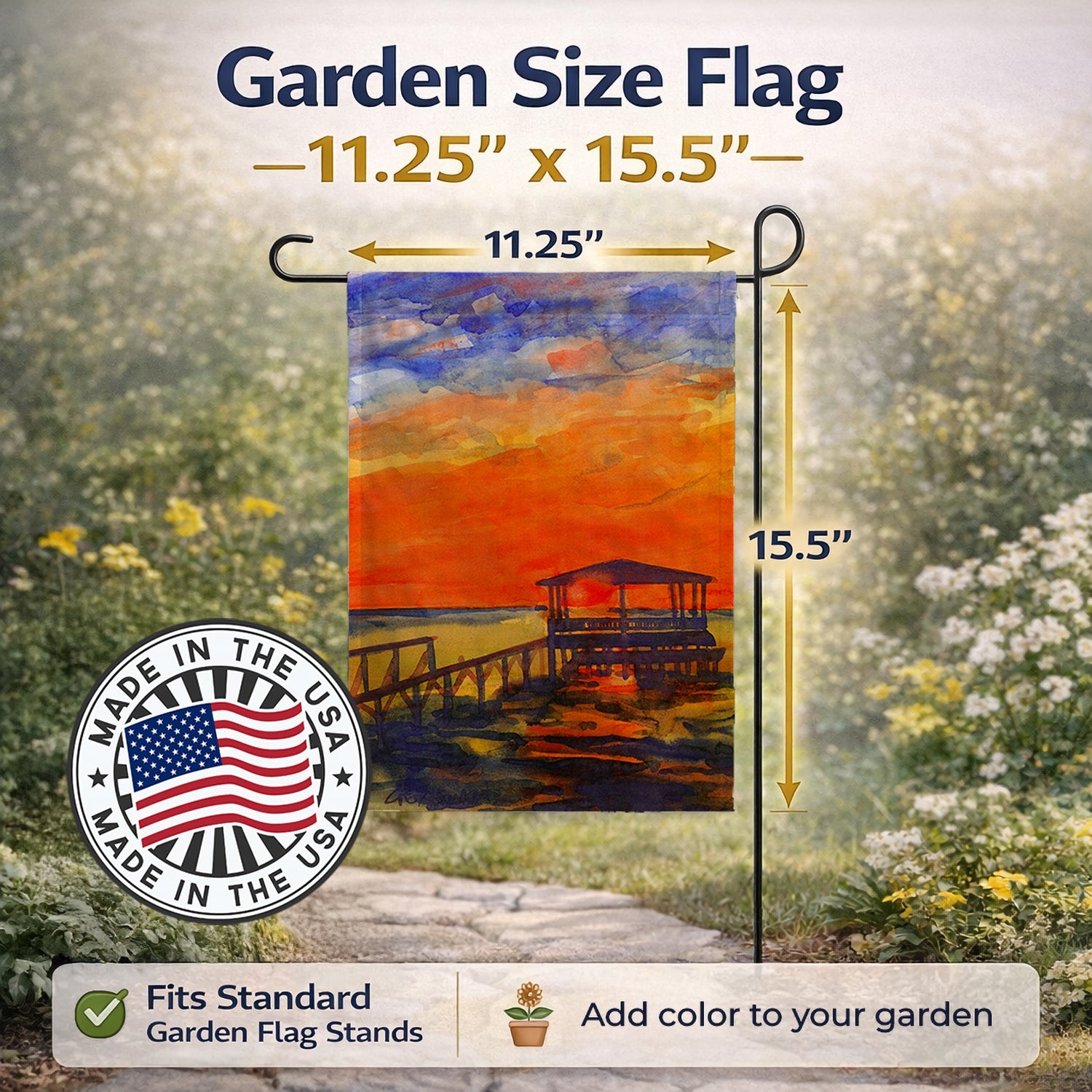 Sunset from the Dock at the pier Garden Flag – Decorative Outdoor Yard Flag