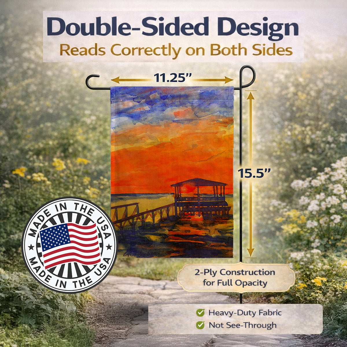 Sunset from the Dock at the pier Garden Flag – Decorative Outdoor Yard Flag