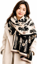 stylesilove Women's Cat Print Shawl Wrap, Soft Reversible Acrylic Scarf, Oversized Winter Poncho Cape for Travel & Gifts