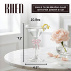 Single Clear Martini Glass with Pink Bow on Stem, One Piece