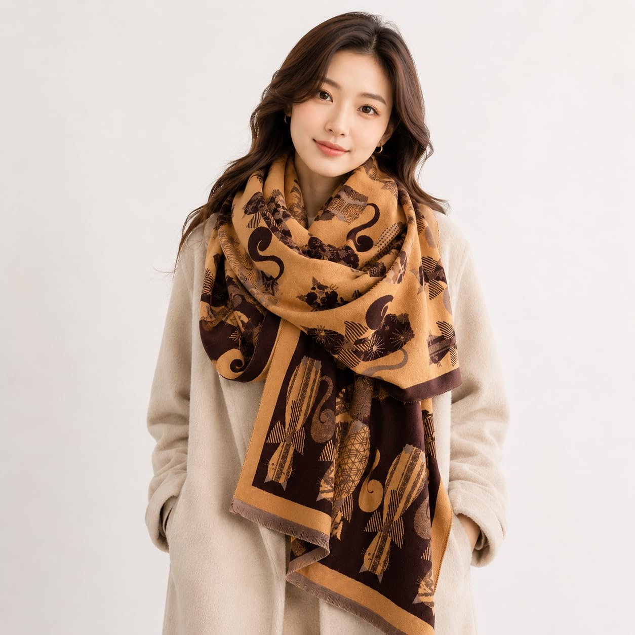 stylesilove Women's Cat Print Shawl Wrap, Soft Reversible Acrylic Scarf, Oversized Winter Poncho Cape for Travel & Gifts