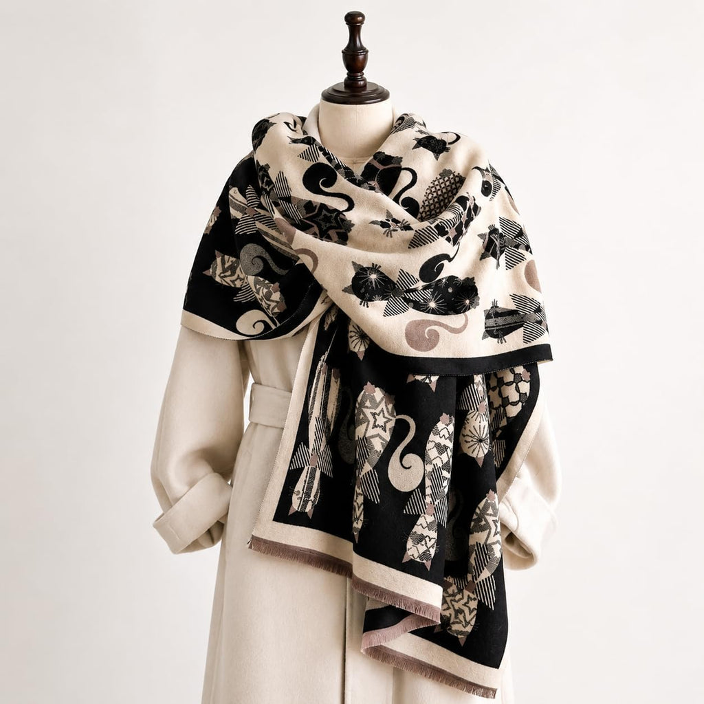 stylesilove Women's Cat Print Shawl Wrap, Soft Reversible Acrylic Scarf, Oversized Winter Poncho Cape for Travel & Gifts