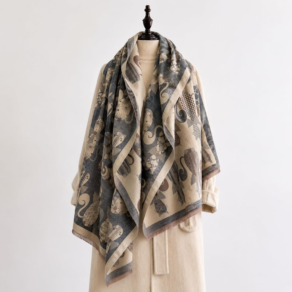 stylesilove Women's Cat Print Shawl Wrap, Soft Reversible Acrylic Scarf, Oversized Winter Poncho Cape for Travel & Gifts