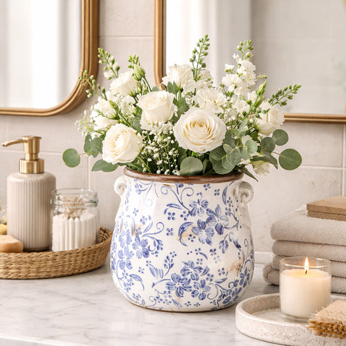 6.5 ” Floral Tuscan Ceramic Blue Scroll Planter - Che Cose Belle