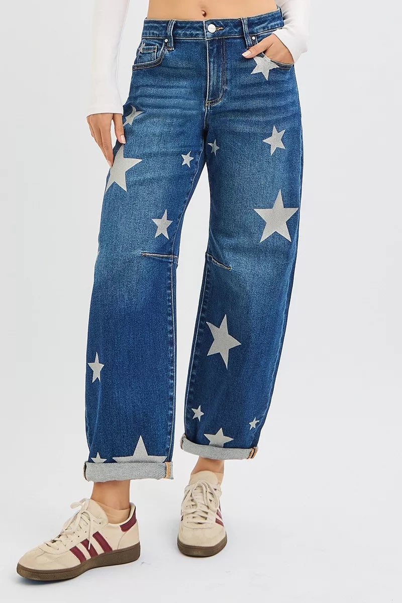 RISEN Mid Rise Ankle Length Relaxed Barrel Star Printed Jeans