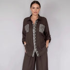 Women's Sequin Pocket & Placket Oversized Shirt & Wide-Leg Pants Set