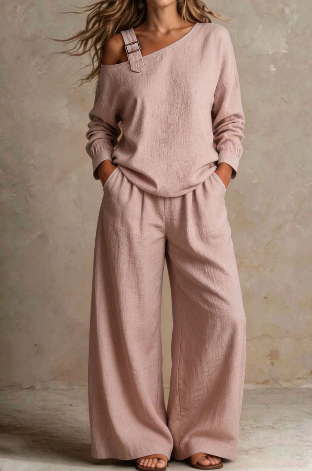 Women's One-Shoulder Buckle-Strap Long-Sleeve Linen Blend Top & Wide-Leg Palazzo Trouser Set