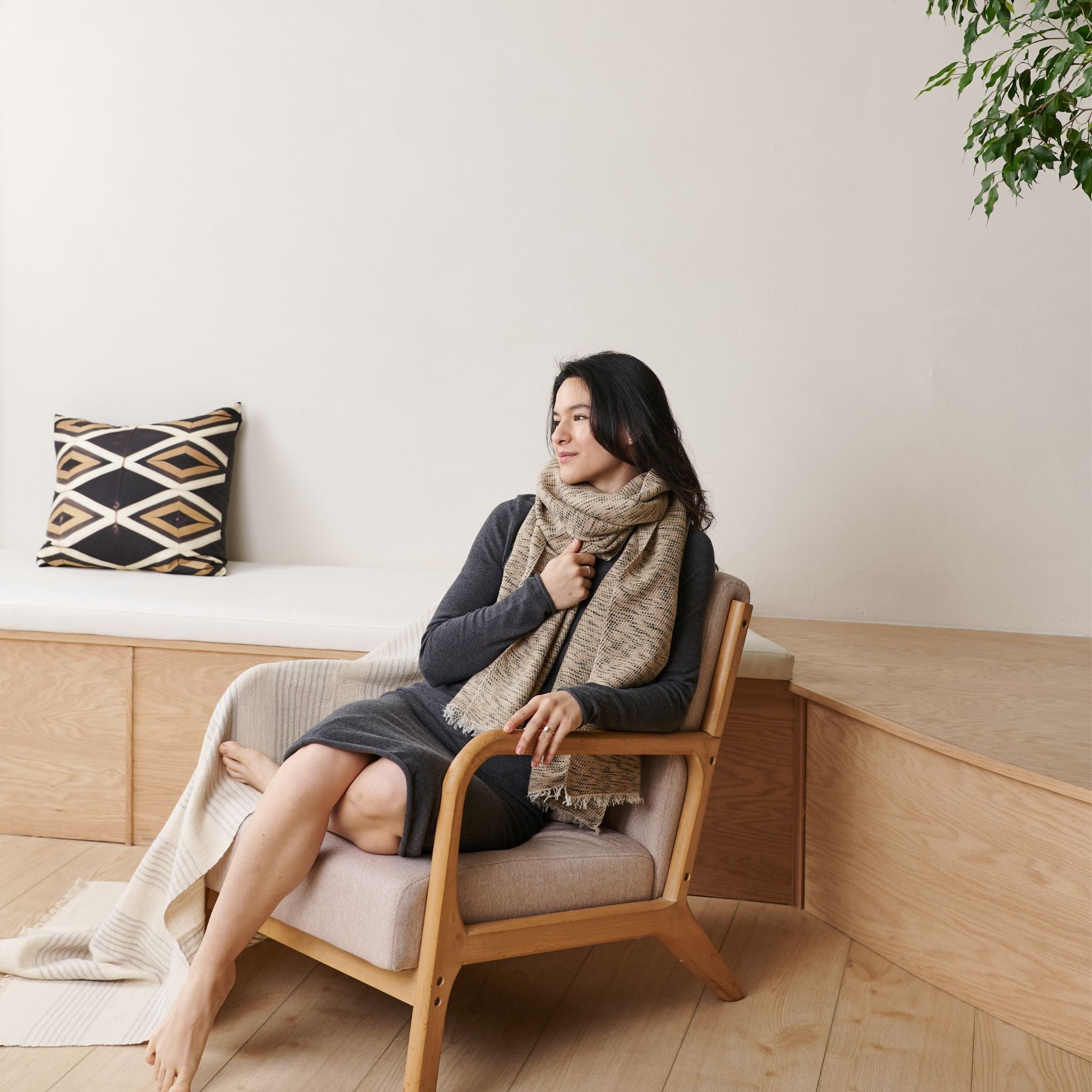 Forest Night Handwoven Neutral Cashmere Merino Scarf
