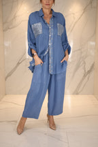 Women's Sequin Pocket & Placket Oversized Shirt & Wide-Leg Pants Set