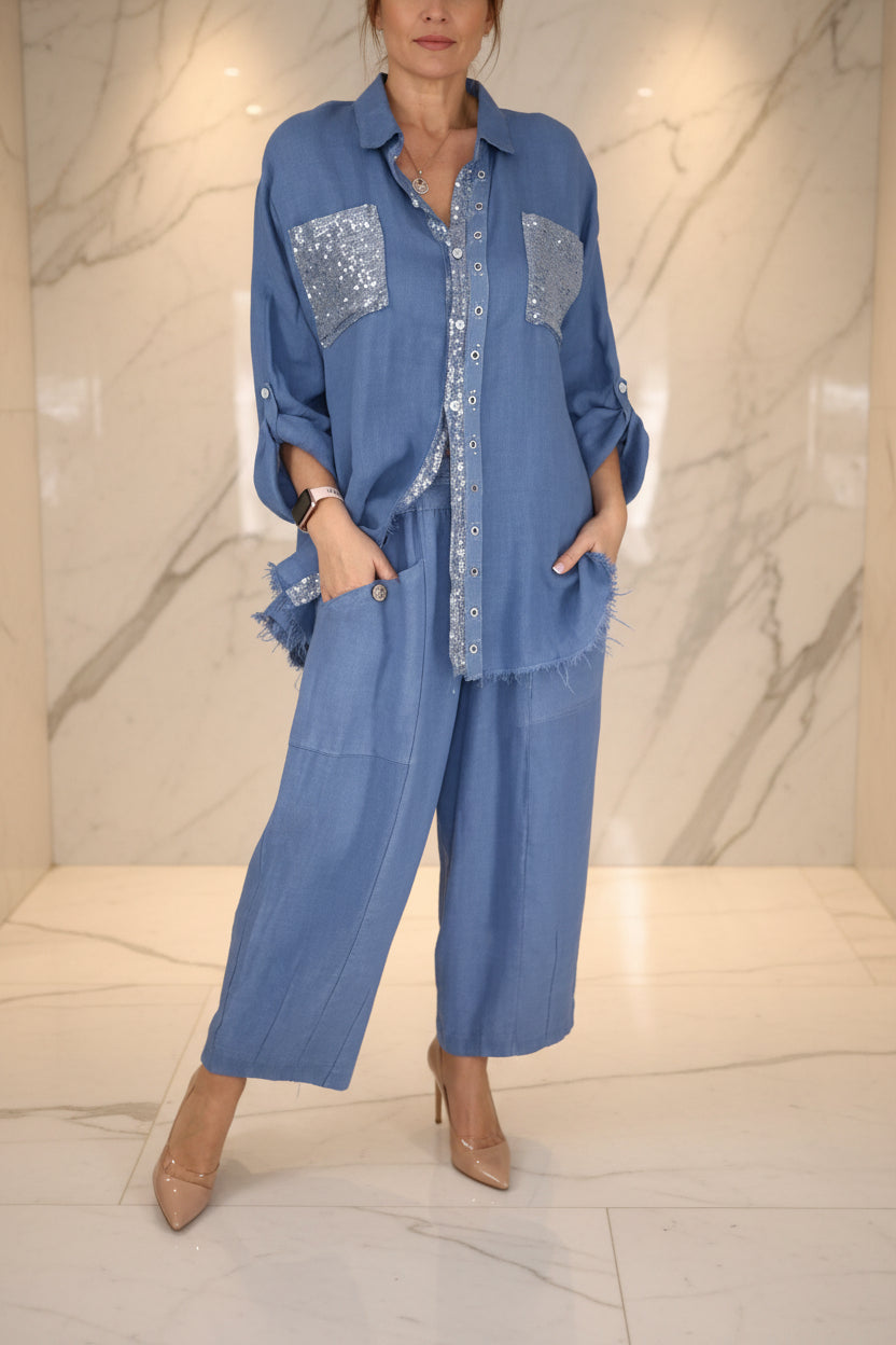 Women's Sequin Pocket & Placket Oversized Shirt & Wide-Leg Pants Set