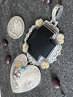 Hand Stamped Sterling Silver & Black Marble Santa Fe Cross and Heart Pendant by Kimari Somers