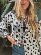 White Wedding Retro Floral Button Up Blouse