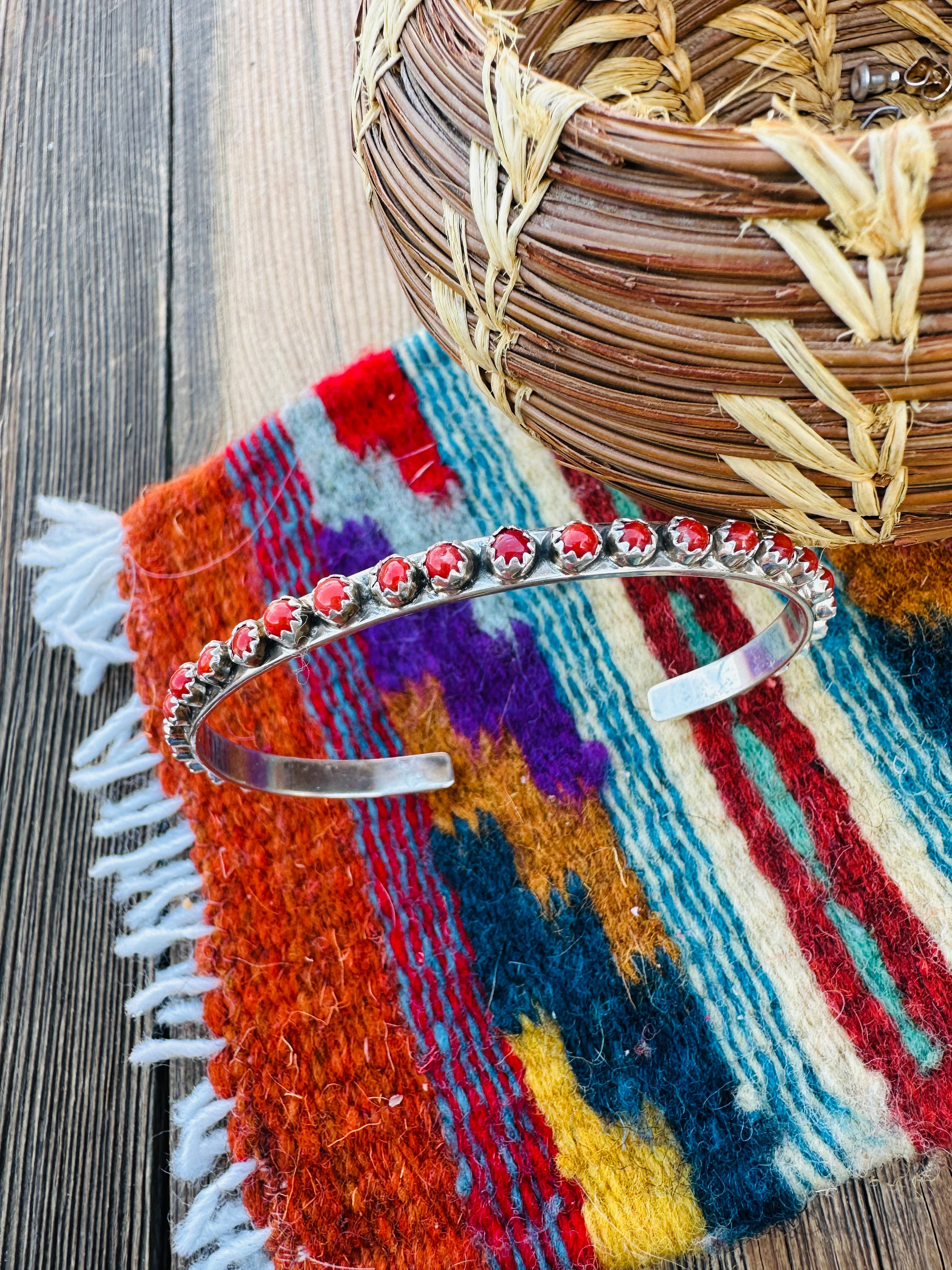 Handcrafted Coral & Sterling Silver Stacker Cuff Bracelet