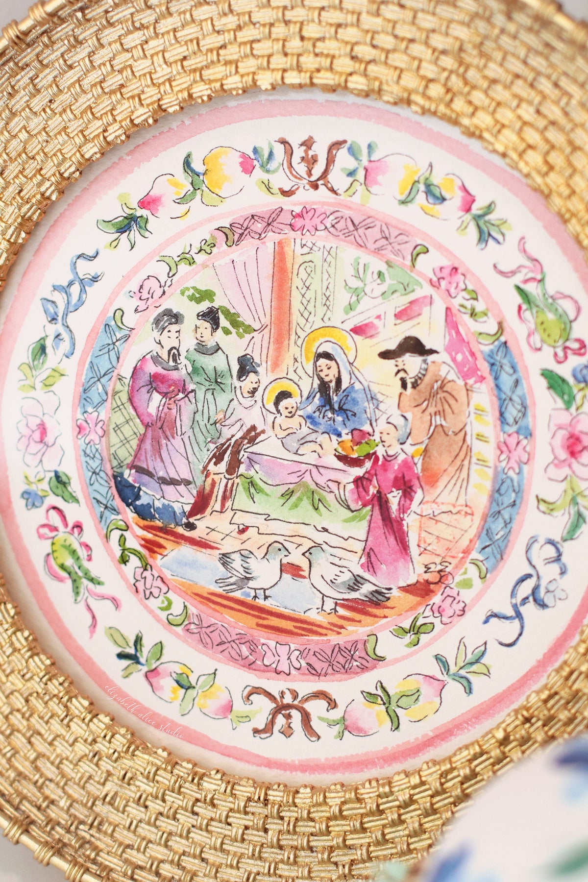 Chinoiserie Christmas original watercolor painting, The presentation in the temple