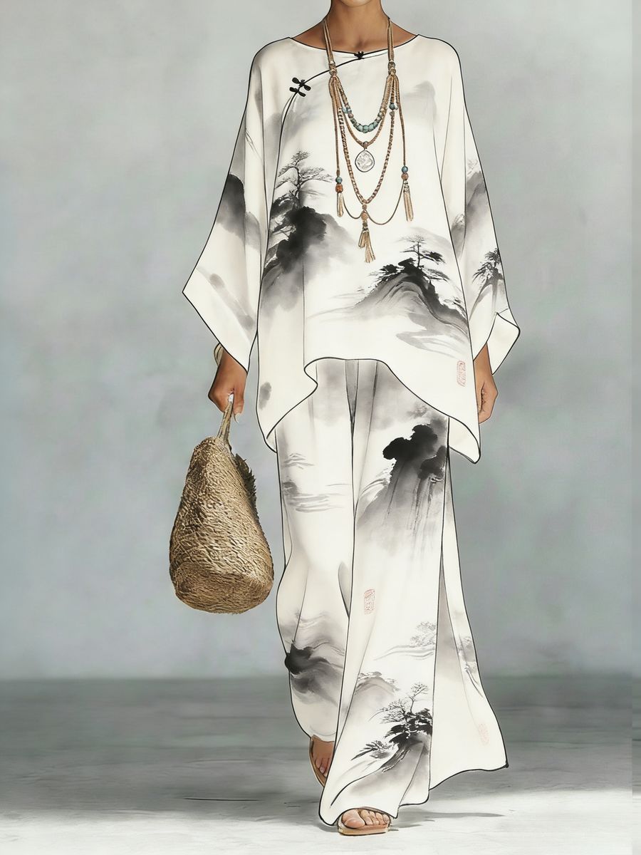 Floral Print Bamboo Linen Two-Piece Set with Wide-Leg Pants