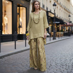 Women's Solid Linen-Style Tunic Top & Watercolor Floral Wide-Leg Pants Set