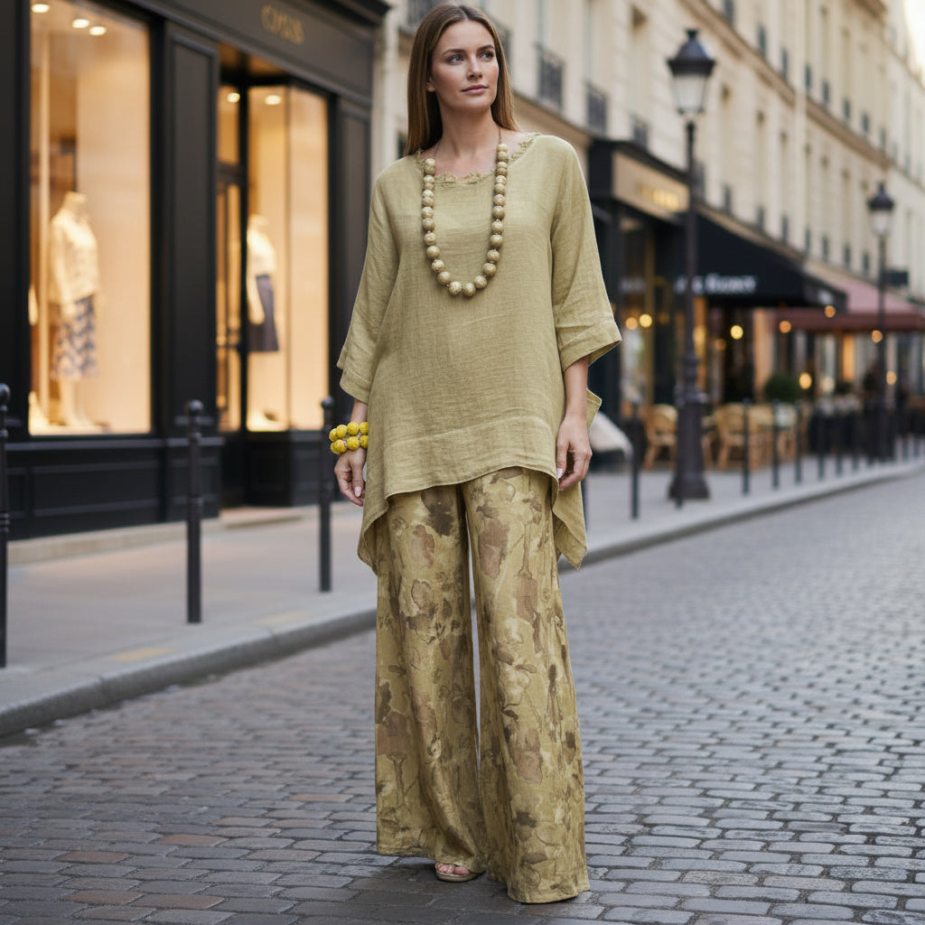 Women's Solid Linen-Style Tunic Top & Watercolor Floral Wide-Leg Pants Set