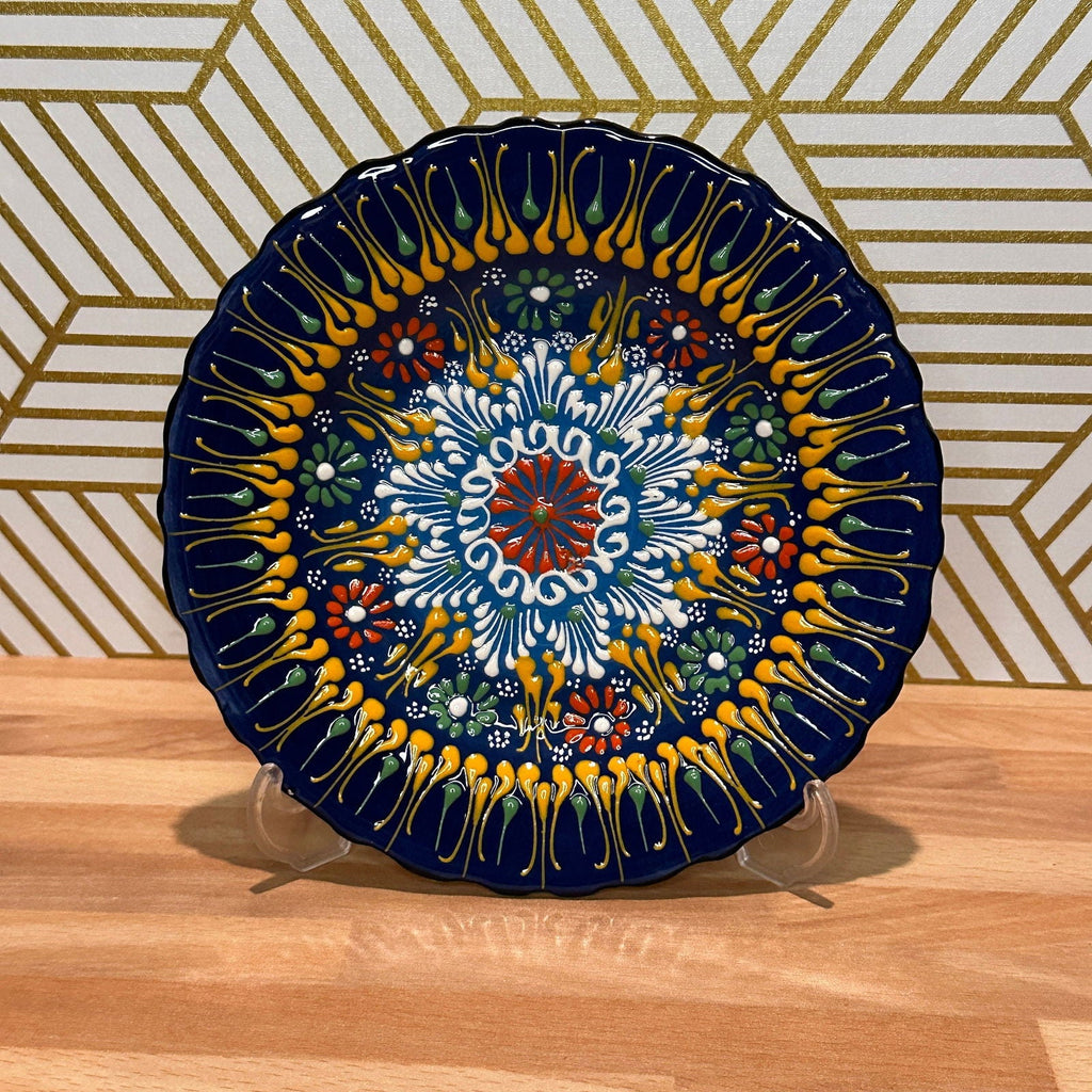 7” Turkish Ceramic Handmade & Painted Plate - Blue Dot Art Floral Tulip Patterned - Wall Hanging or Stand Use