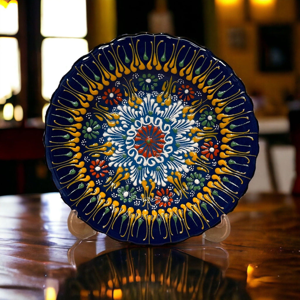 7” Turkish Ceramic Handmade & Painted Plate - Blue Dot Art Floral Tulip Patterned - Wall Hanging or Stand Use
