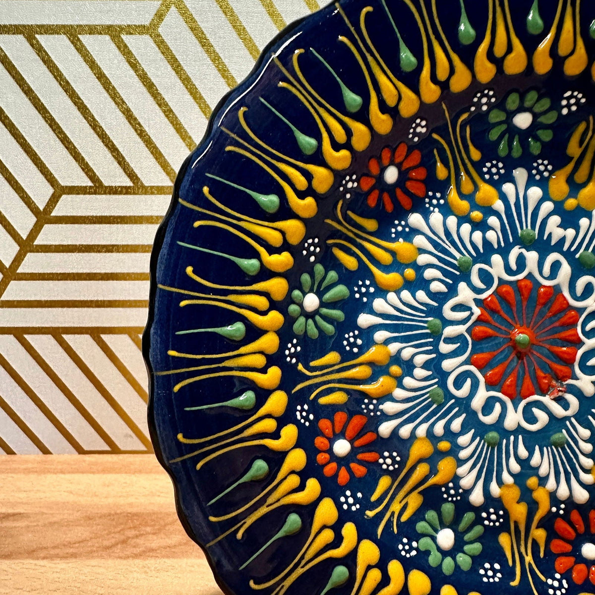 7” Turkish Ceramic Handmade & Painted Plate - Blue Dot Art Floral Tulip Patterned - Wall Hanging or Stand Use