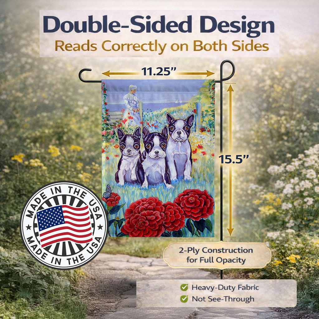Boston Terrier Three in a Row Garden Flag – Decorative Outdoor Yard Flag